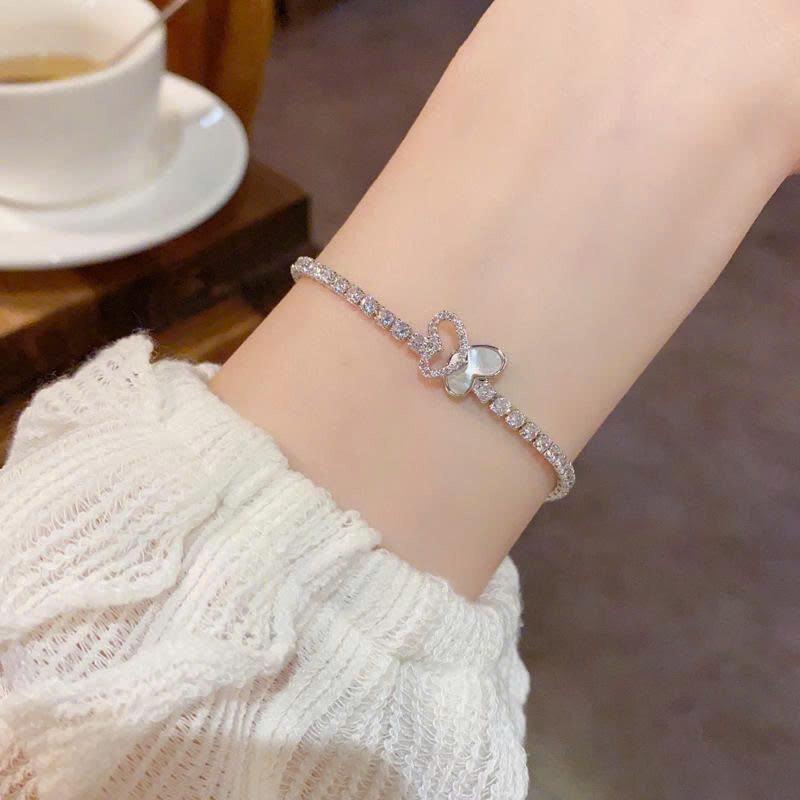 Lắc tay Full đá zircon Trái tim đôi mix thành bướm xinh vò sò xi bạc 925, Lắc tay nữ độc đáo thiết kế hàn quốc B4529