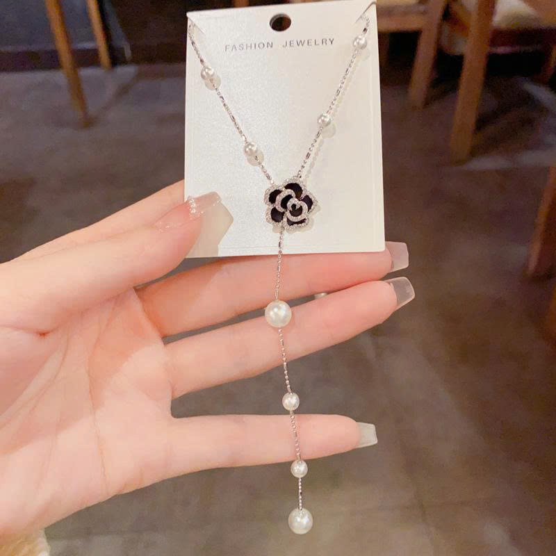 Dây chuyền ngọc chữ Y HOA TRÀ đen viền đá zircon xi cao cấp, Vòng cổ thời trang đi tiệc thiết kế Sang trọng độc đáo B4535