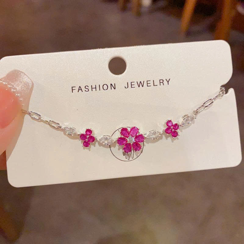 Lắc tay HOA ĐÁ zircon HỒNG đậm xi bạc 925 cao cấp, lắc tay thời trang thiết kế Hàn Quốc độc đáo sang trọng B4548