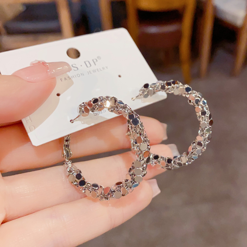 Bông tai TRÒN mix lấp lánh ÁNH KIM 3cm màu bạc cao cấp, Bông tai thiết kế Hàn quốc cao cấp B4465