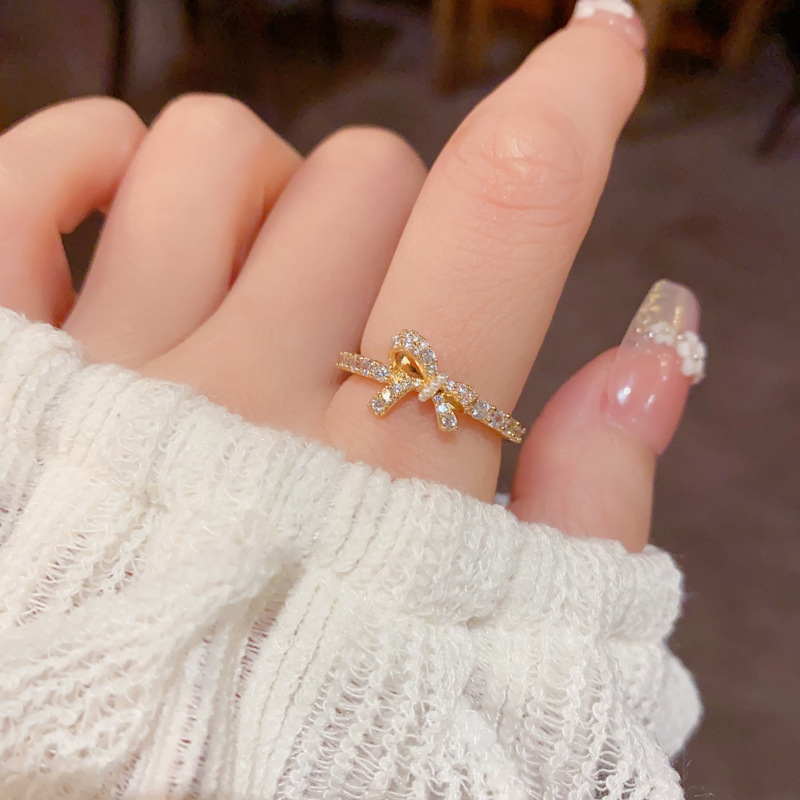 Nhẫn nữ NƠ ĐÁ ZIRCON xi vàng pha cao cấp hở freesize, Nhẫn thời trang cao cấp độc đáo thiết kế B4466