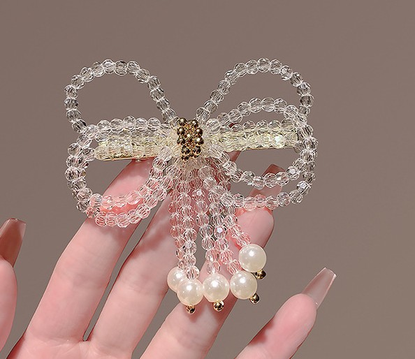 Kẹp tóc mỏ vịt NƠ PHA LÊ TRẮNG lấp lánh sang trọng, phụ kiện kẹp tóc nữ độc đáo cao cấp B4354