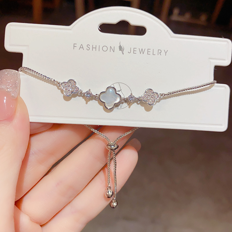 Lắc tay CỎ 4 lá VỎ SÒ rút chỉnh freesize xi BẠC 925 cao cấp, lắc tay nữ thiết kế Hàn quốc độc đáo, quà tặng bạn gái B4488