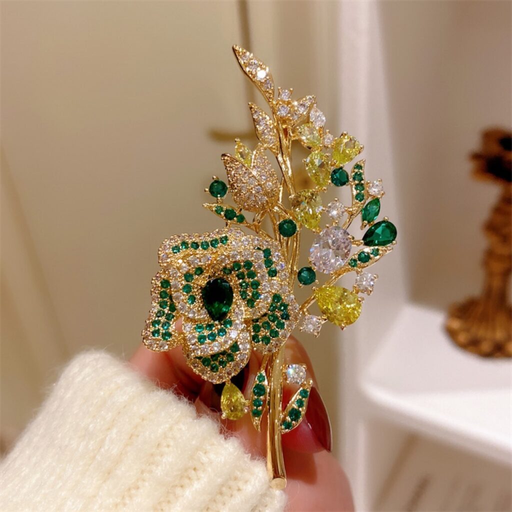 Cài áo HOA HỒNG Xanh đính đá zircon cao cấp, trâm cài áo thiết kế Hàn Quốc sang trọng cao cấp, quà tặng độc đáo B4153