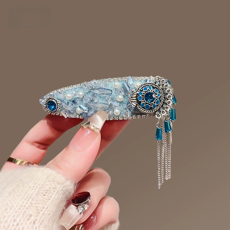 Kẹp bấm mái tóc BẦU DỤC pha lê XANH BIỂN tua rua, phụ kiện kẹp tóc nữ đẹp, độc đáo B4246