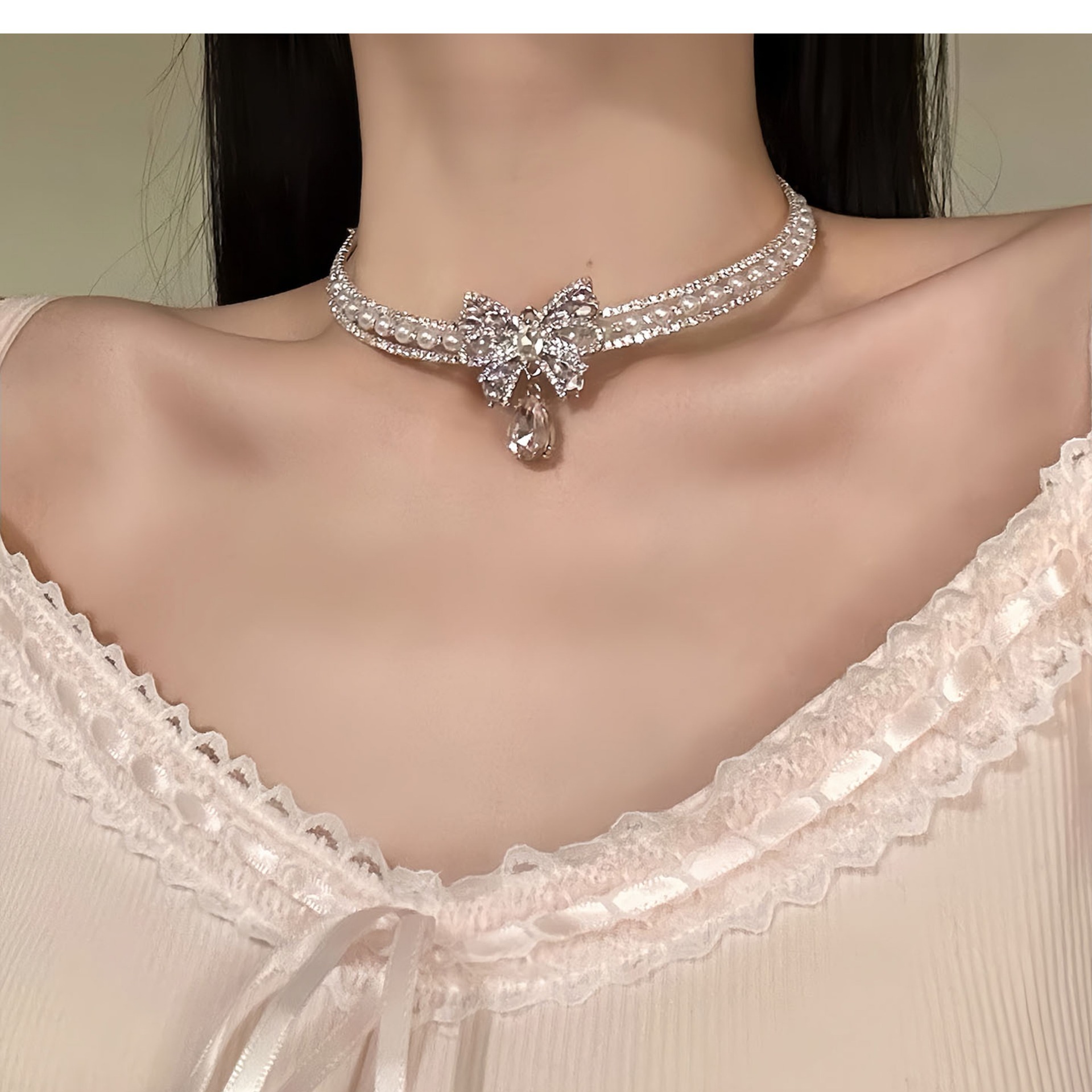 Kiềng cổ ĐÁ NGỌC 3 vòng mix mặt nơ đá màu bạc, phụ kiện vòng cổ cô dâu, dây chuyền đẹp B4089