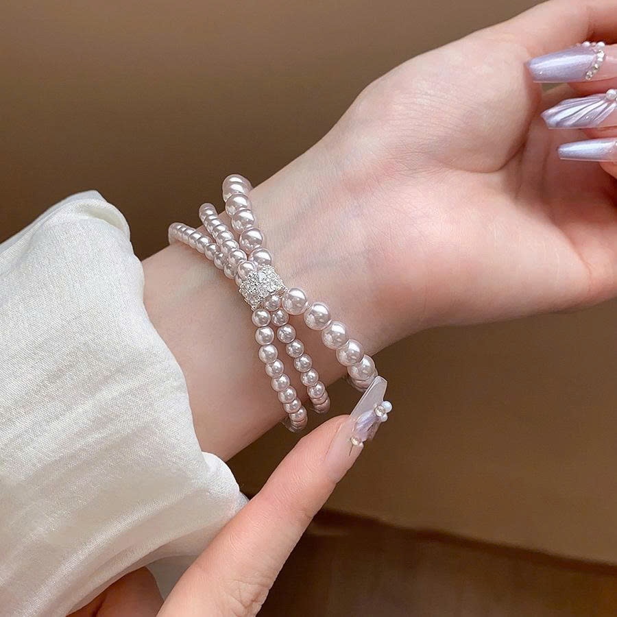 Chuỗi vòng 3 dây ngọc hồng mặt đá zircon cao cấp co giãn FREESIZE , phụ kiện vòng tay đẹp độc đáo B4111