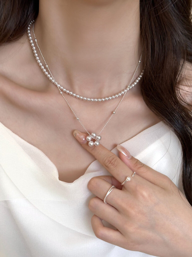 Dây chuyền 2 dây rời ngọc hồng, mặt ngọc Hoa dáng tầng độc đáo ,phụ kiện vòng cổ đẹp B4079