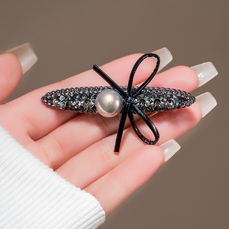 Kẹp mỏ vịt Bàu ĐÁ ĐÁ ĐEN nơ ĐEN ngọc hồng, phụ kiện kẹp mái tóc nữ, kẹp tóc xinh B4203