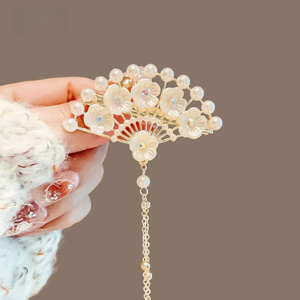 Kẹp mỏ vịt cánh quạt ngọc HOA tua rua, phụ kiện kẹp tóc nữ ĐẸP – đôc đáo, quà tặng xinh B4206