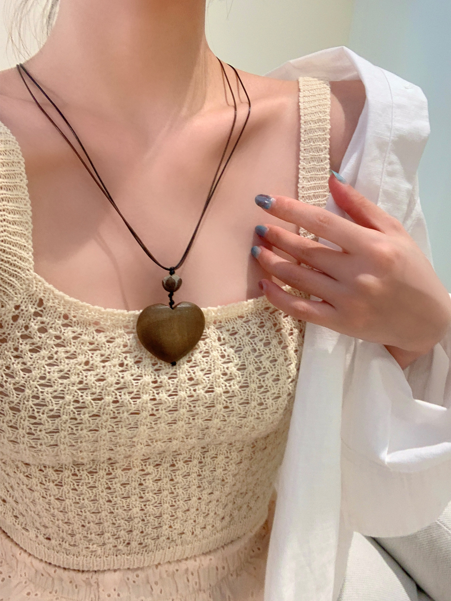 Dây chuyền MẶT GỖ TRÁI TIM màu sắc, phụ kiện dây chuyền mùa hè, phong cách boho cổ điển B4104