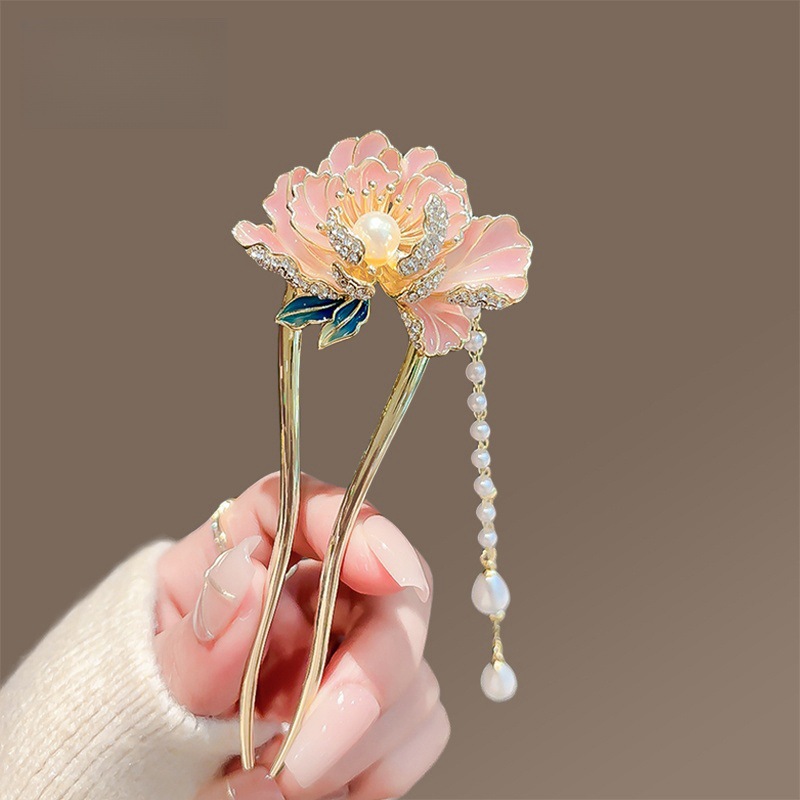 Trâm tóc chữ U mẫu đơn tua rua ngọc, phụ kiện tóc ba ba, đồ lam, trâm tóc xinh B4219