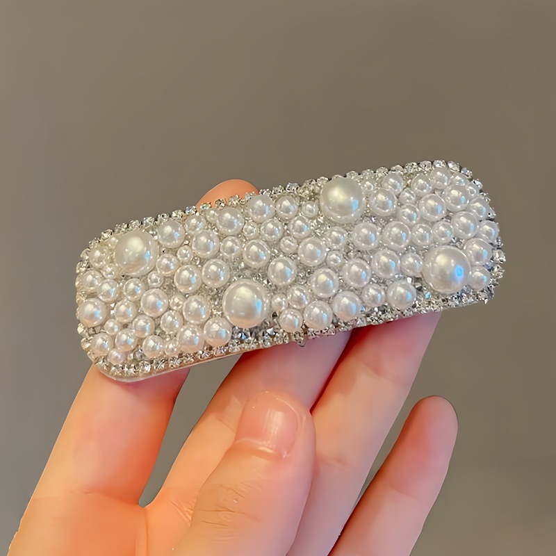 Kẹp mái bấm chữ nhật NGỌC viền đá trắng, phụ kiện kẹp tóc mái nữ đẹp – độc đáo B4238