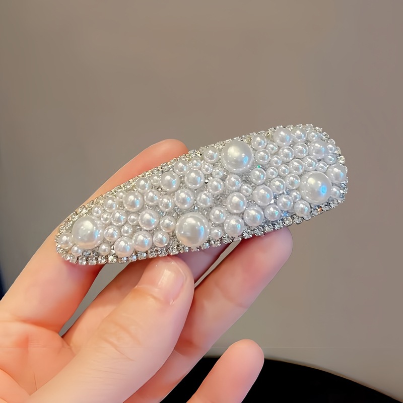 Kẹp mái bấm bầu dục NGỌC viền đá trắng, phụ kiện kẹp tóc nữ đẹp- độc đáo B4239