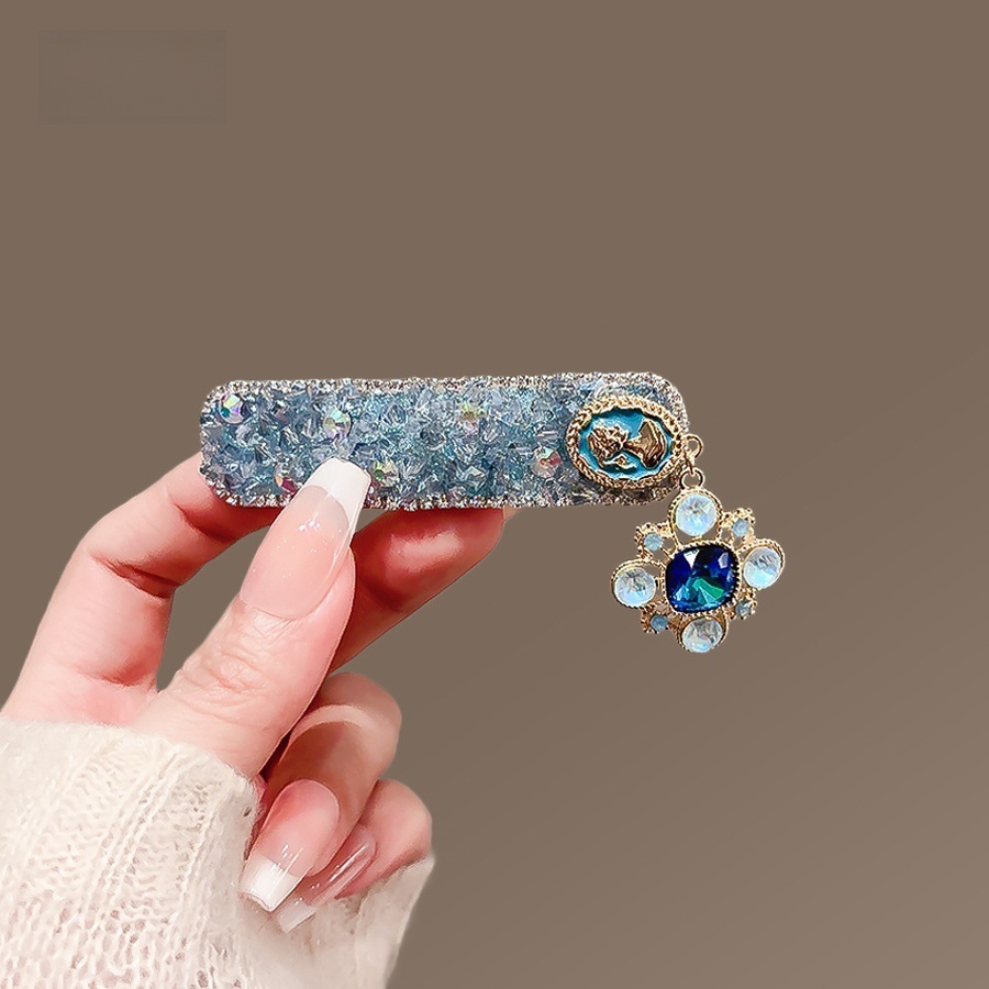 Kẹp bấm mái tóc pha lê XANH BIỂN tua rua hình học giọt nước, phụ kiện tóc đẹp độc đáo, quà tặng bạn B4247