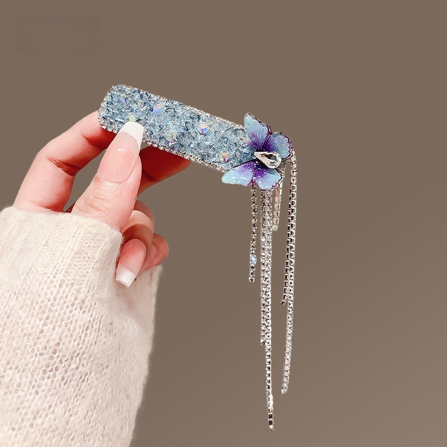 Kẹp bấm mái tóc CHỮ NHẬT pha lê XANH BIỂN hình BƯỚM tua rua, phụ kiện kẹp tóc nữ đẹp, độc đáo, quà tặng xinh B4249