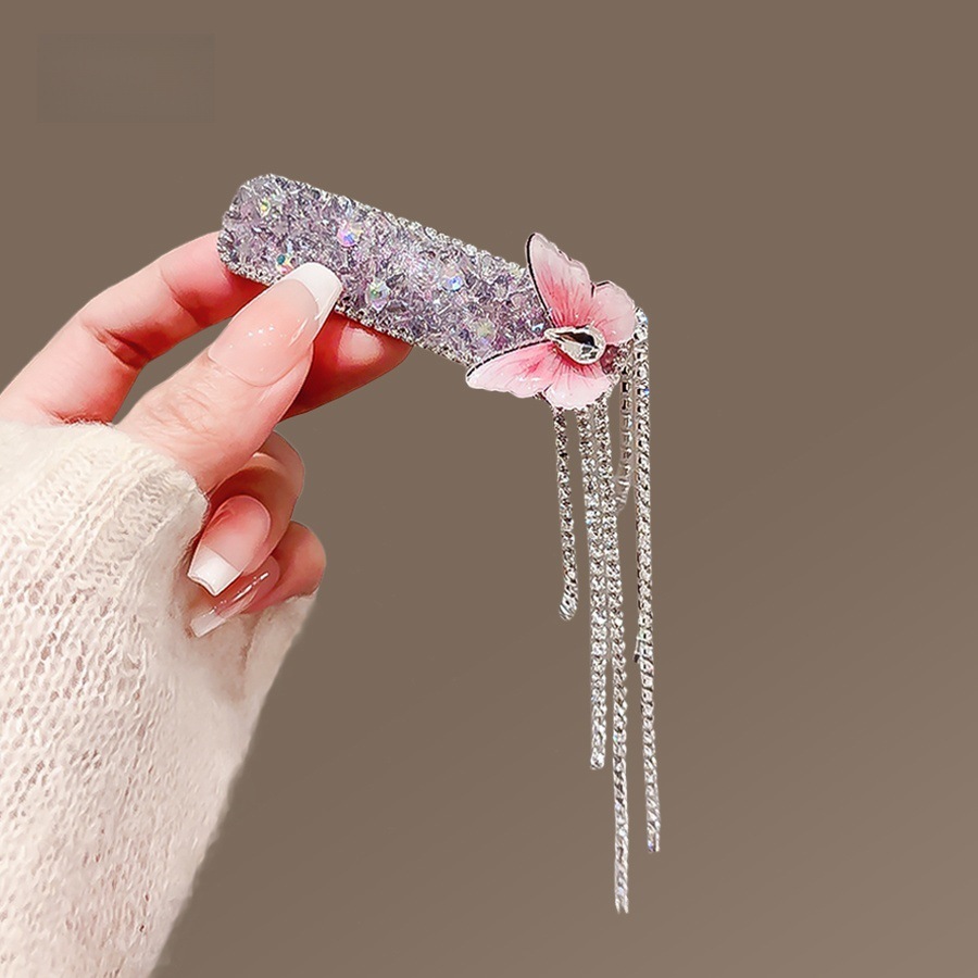 Kẹp bấm mái tóc CHỮ NHẬT pha lê HỒNG TÍM hình BƯỚM tua rua, phụ kiện kẹp tóc nữ đẹp, độc đáo, quà tặng xinh B4250