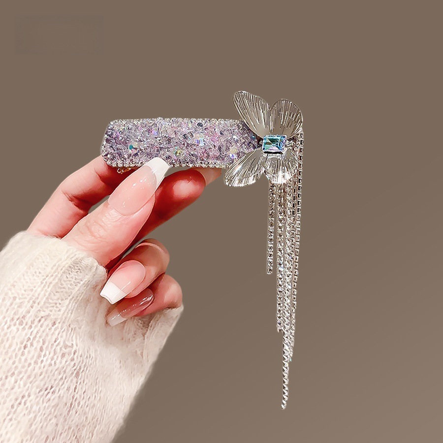 Kẹp bấm mái tóc CHỮ NHẬT pha lê HỒNG TÍM hình BƯỚM màu bạc, phụ kiện kẹp tóc đẹp B4251