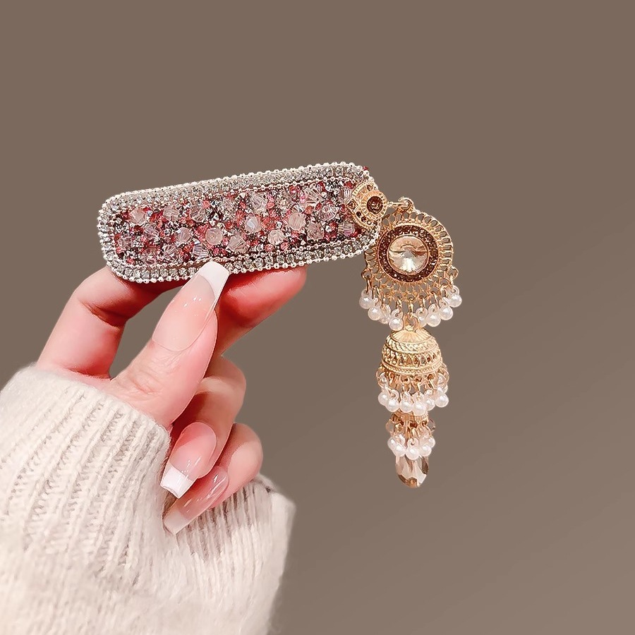 Kẹp mái bấm tua rua pha lê HỒNG cao cấp, phụ kiện kẹp mái tóc nữ đẹp -độc đáo, sang trọng B4252