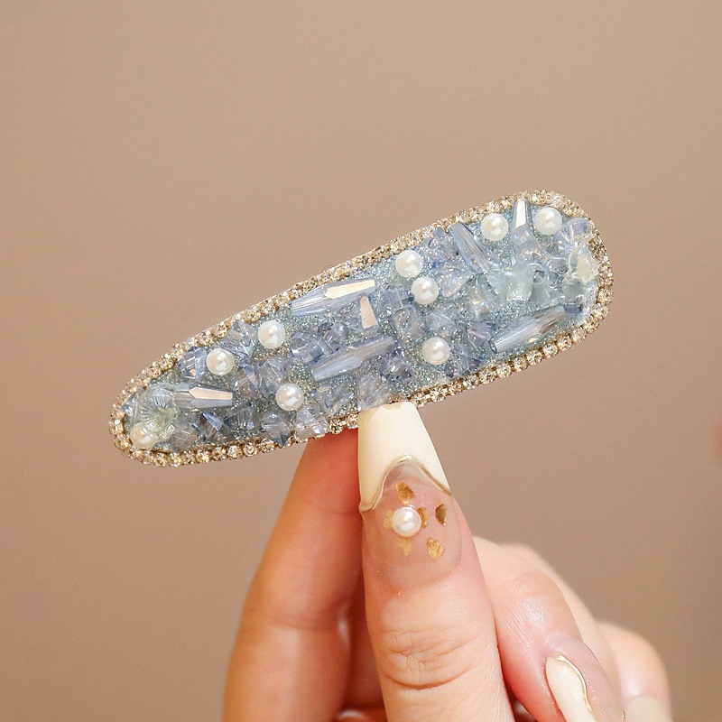 Kẹp bầu dục đính pha lê XANH BIỂN viền đá cao cấp, phụ kiện kẹp mái tóc nữ ĐẸP- độc đáo B4253