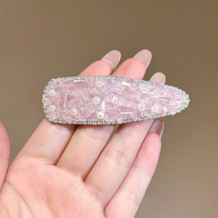 Kẹp bầu dục đính pha lê hồng viền đá cao cấp, phụ kiện kẹp tóc nữ đẹp -độc đáo B4258