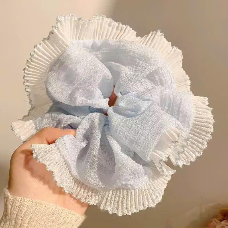 Cột tóc XANH BIỂN viền VOAN KEM trắng, phụ kiện tóc nữ độc đáo B4271