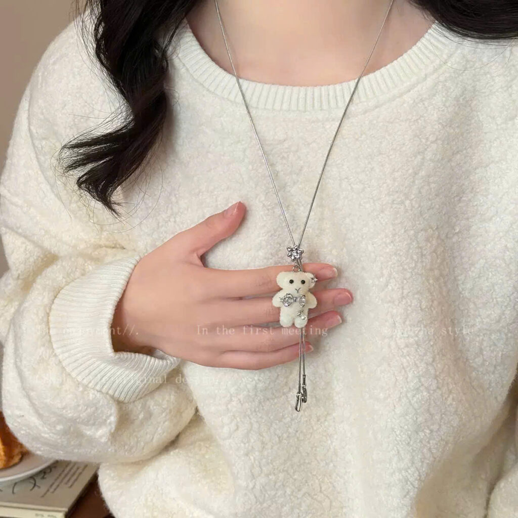 Dây chuyền Dáng dài chữ Y rút chỉnh hình GẤU trắng NƠ ĐÁ mini xinh đẹp độc đáo, phụ kiện dây chuyền cá tính B4102