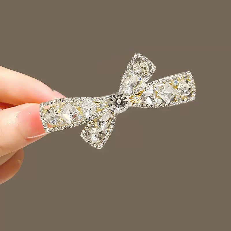 Kẹp NƠ ĐÁ chéo màu vàng, kẹp mái mỏ vịt nữ đính đá độc đáo, phụ kiện kẹp tóc xinh B4205