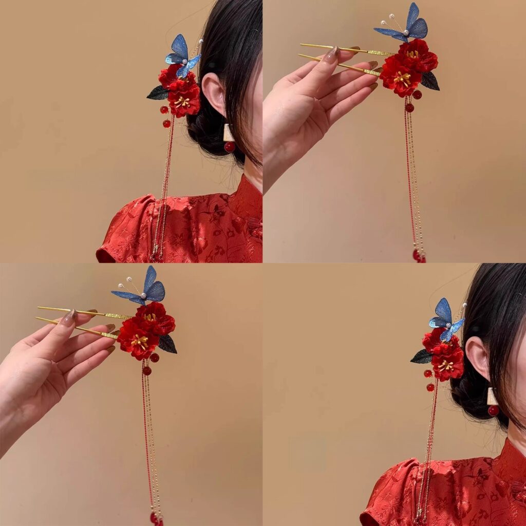 Trâm tóc nữ chữ U tua rua HOA ĐỎ bướm xanh độc đáo, phụ kiện trâm cài tóc nữ xinh B4049