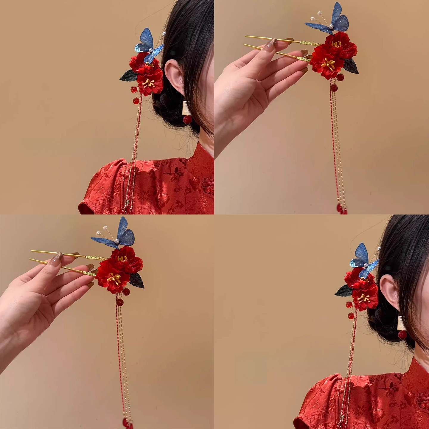 Trâm tóc nữ chữ U tua rua HOA ĐỎ bướm xanh độc đáo, phụ kiện trâm cài tóc nữ xinh B4049