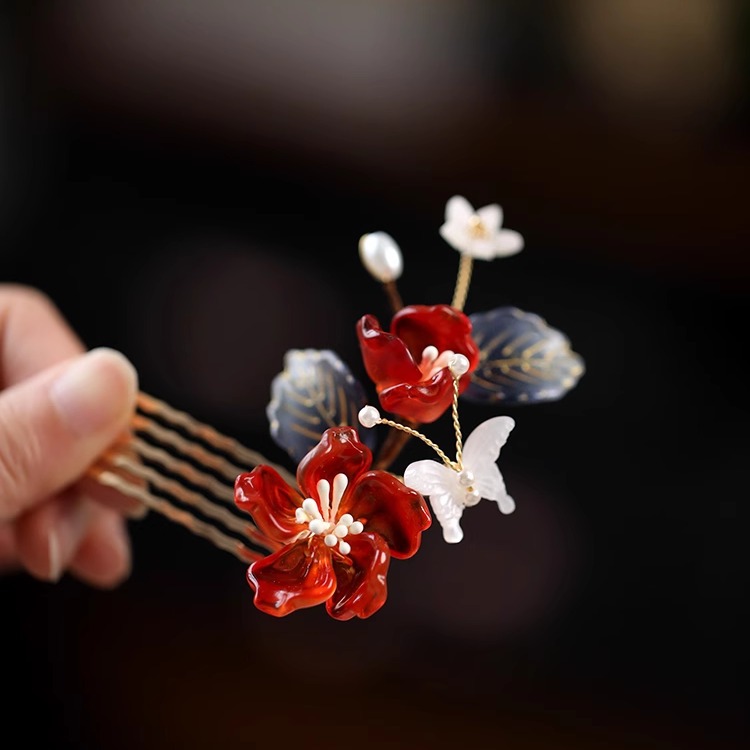 Trâm HOA ĐỎ bướm xinh, phụ kiện tóc nữ cô dâu, trâm tóc đẹp độc đáo, kẹp tóc xinh B4058