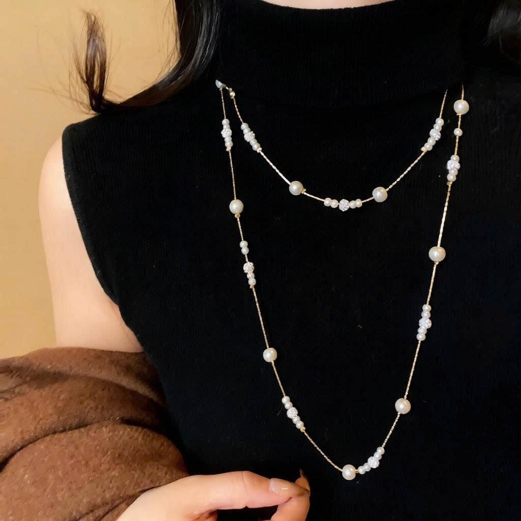 Dây chuyền ngọc nhỏ nhiều tầng mảnh màu BẠC, Dây chuyền áo dài, phụ kiện áo dài, vòng cổ đi tiệc ngọc trai đơn giản B4728