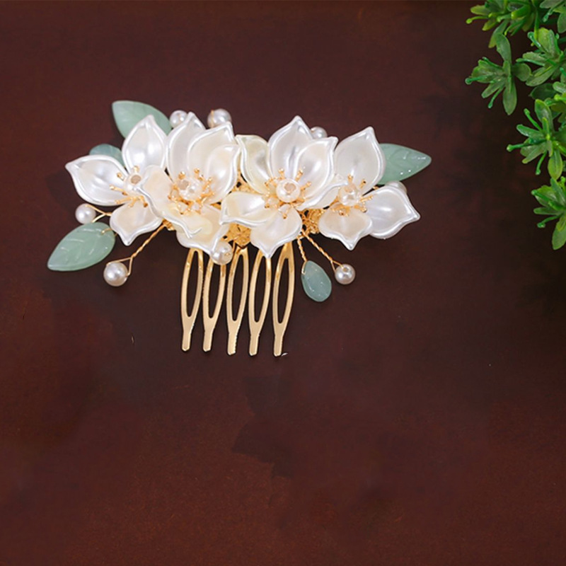 Trâm lược chải tóc HOA TRÀ trắng sứ,, phụ kiện tóc cô dâu, trâm tóc cài đầu bà sui, kẹp tóc đẹp B4064