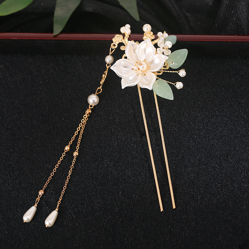 Trâm chữ U HOA TRÀ tua rua giọt ngọc độc đáo tiểu thư sang trọng, Phụ kiện trâm cài tóc nữ thiết kế B4068