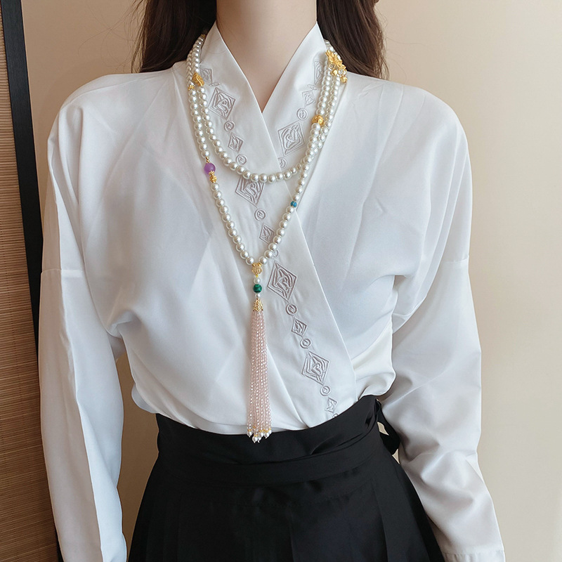 Dây chuyền ngọc trai DÀI HOA SEN xi vàng pha cao cấp mix pha lê, dây chuyền ngọc trai đồ lam, dây chuyền dáng dài áo dài B4748