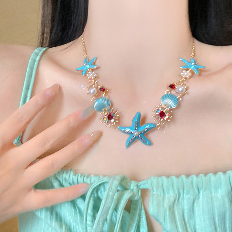 Dây chuyền cườm SAO BIỂN XANH đi biển độc đáo, phụ kiện đi biển, vòng cổ đi biển màu sắc rực rỡ ngày hè B4756