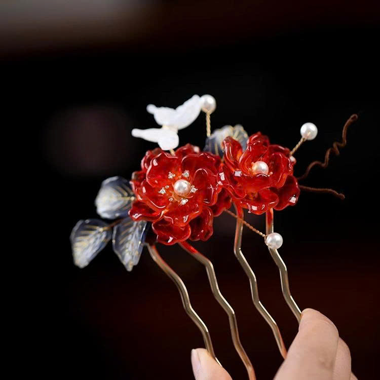 Trâm tóc HOA BƯỚM màu đỏ 2 bông, lượt chải tóc HOA thiết kế ĐẸP độc đáo, Phụ kiện tóc cô dâu, tóc bà sui B4060