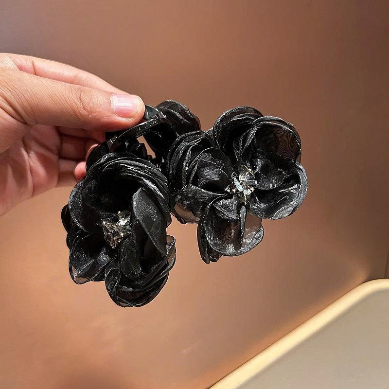 Kẹp gắp HOA voan bồng bềnh nhụy pha lê màu ĐENcao cấp, Kẹp gắp tóc nữ thiết kế Hàn quốc sang trọng, quà tặng xinh B4008