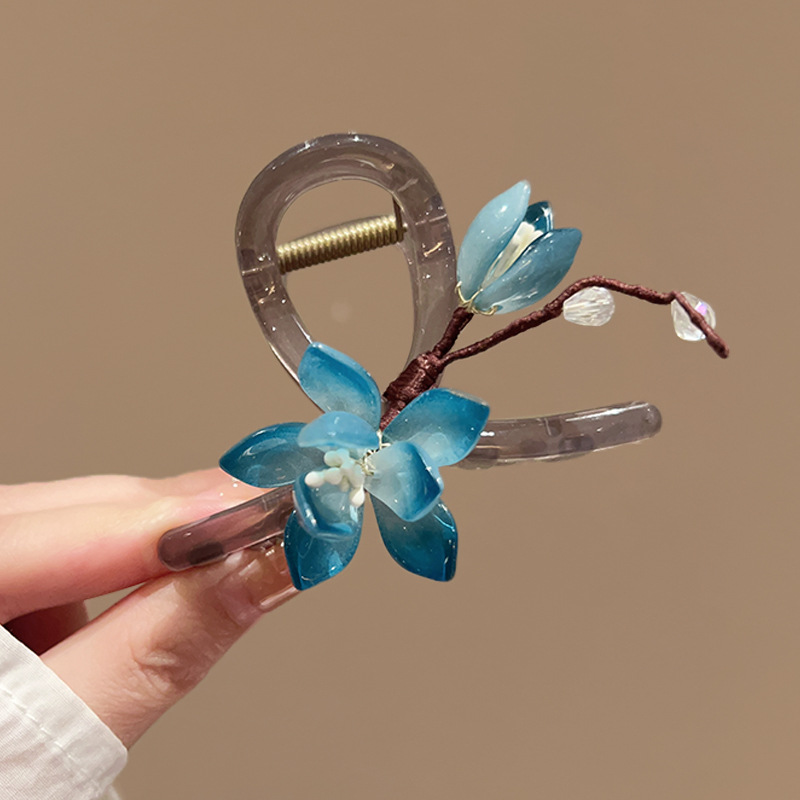 Kẹp gắp tóc 8cm, kẹp càng cua HOA XANH DƯƠNG 1 bên, phụ kiện kẹp tóc nữ độc đáo, kẹp tóc xinh, quà tặng B4054