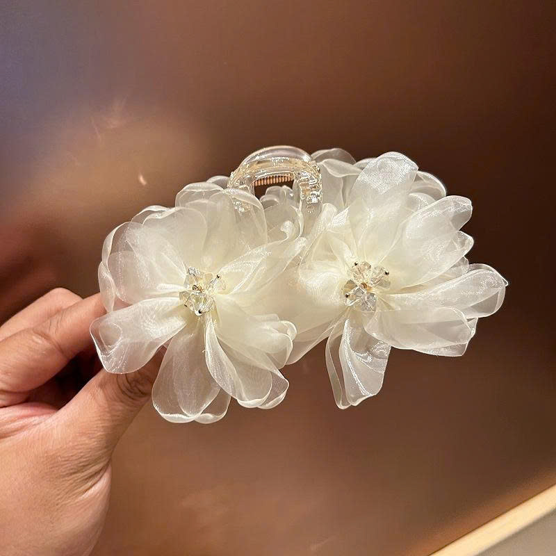Kẹp gắp HOA voan bồng bềnh nhụy pha lê màu KEM cao cấp, Kẹp gắp tóc nữ thiết kế Hàn quốc sang trọng, quà tặng xinh  B4009