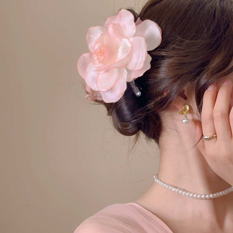 Kẹp tóc mỏ vịt đi biển HOA lớn voan HỒNG ánh màu ngày hè, phụ kiện tóc đi biển, phụ kiện đi biển B4787