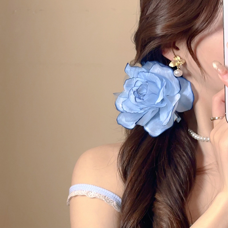 Kẹp tóc mỏ vịt đi biển HOA lớn voan XANH BIỂN ánh màu ngày hè, phụ kiện tóc đi biển, phụ kiện đi biển B4789