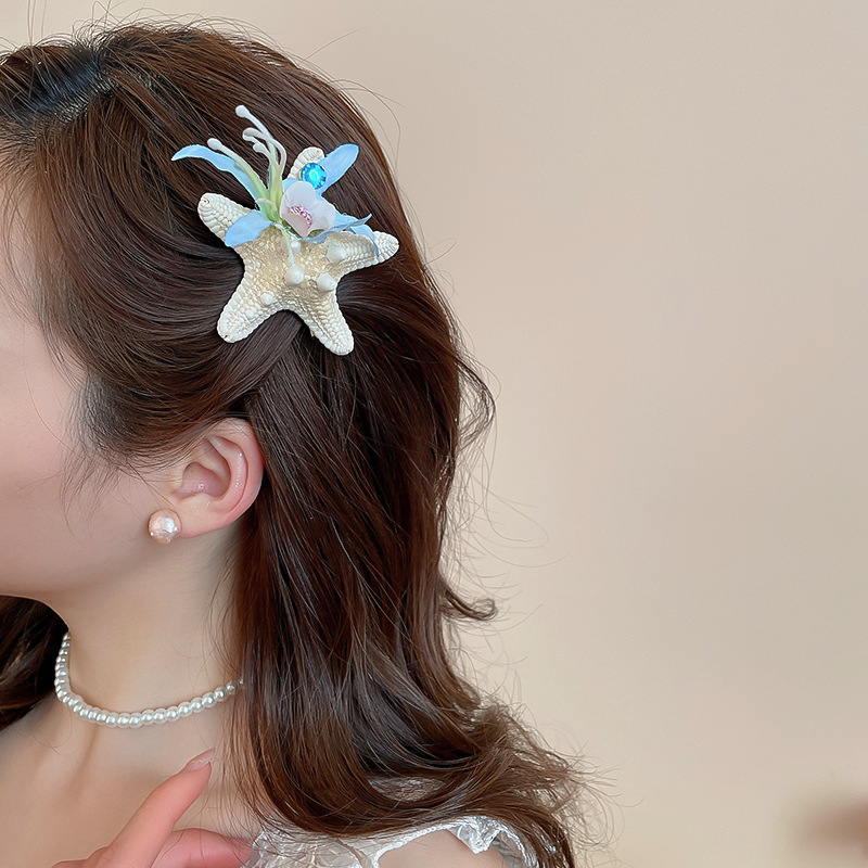 Kẹp mỏ vịt SAO BIỂN hoa XANH, kẹp tóc đi biển, kẹp sao biển, phụ kiện đi biển, kẹp tóc nữ màu sắc B4790