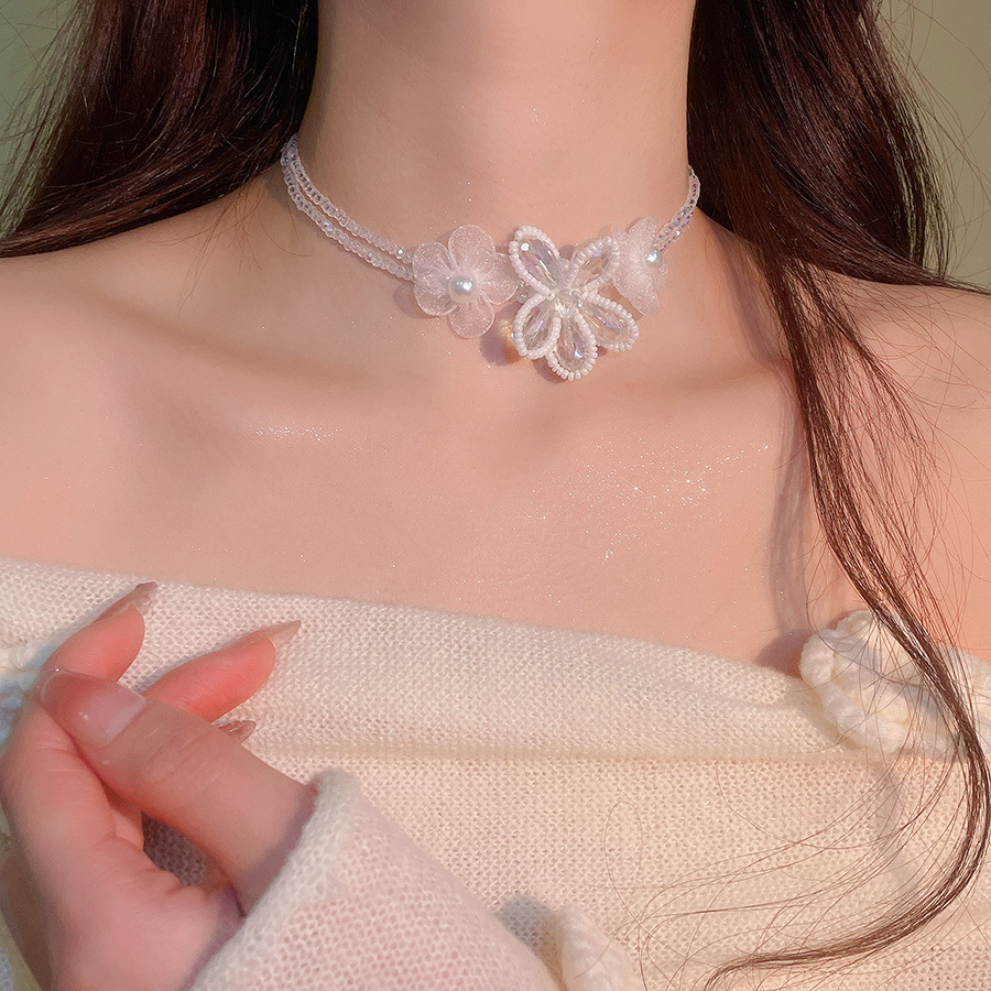 Dây chuyền, vòng cổ Chocker cườm HOA pha lê cao cấp, dây chuyền cô dâu HOA TRẮNG tinh khôi, chocker pha lê sát cổ B4727