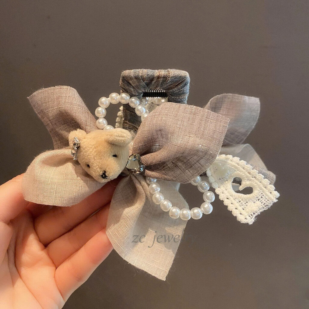 Kẹp gắp tóc lớn NƠ trái tim GẤU toen nâu nhạt xám cao cấp, phụ kiện kẹp tóc nữ thiết kế Hàn Quốc độc đáo, quà tặng xinh ý nghĩa B4143