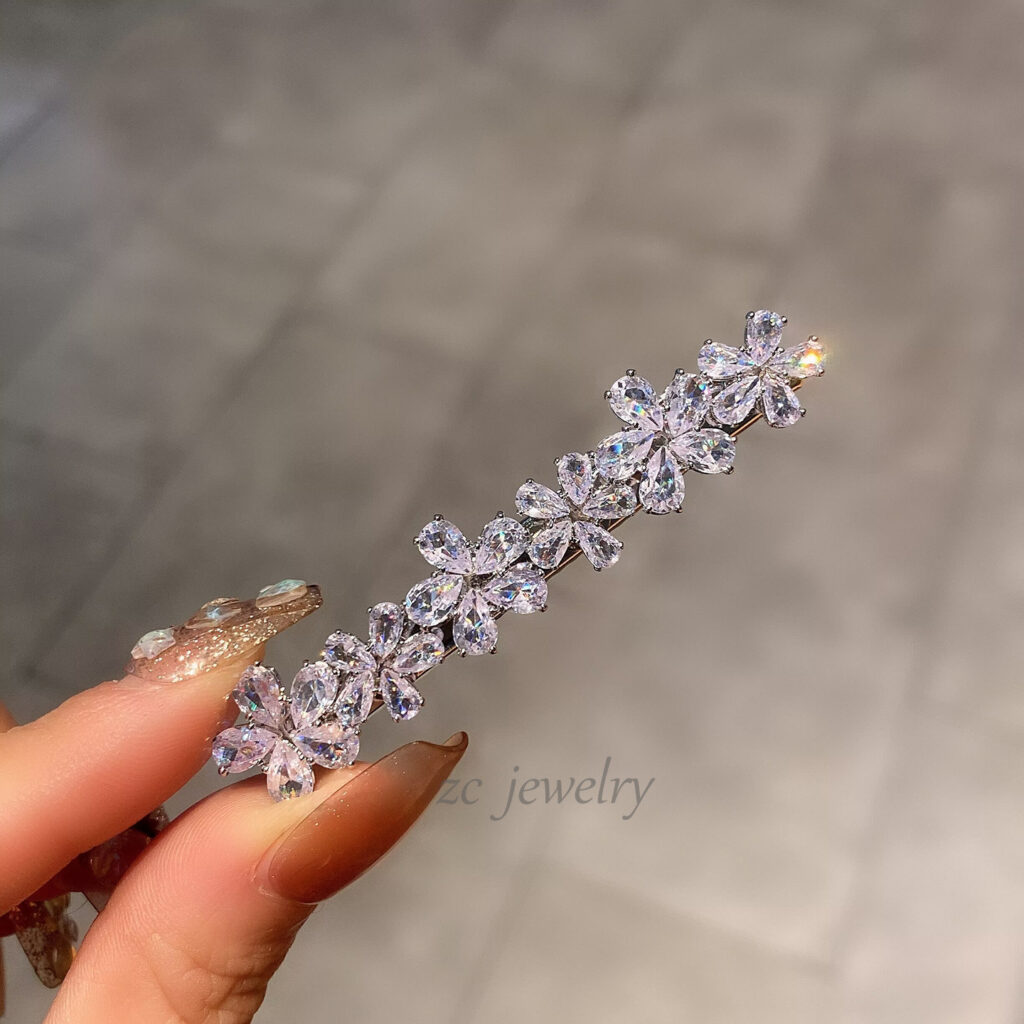 Kẹp mỏ vịt HOA ĐÁ xi màu bạc cao cấp, kẹp mái tóc nữ đẹp thiết kế Hàn QUốc độc đáo B4130