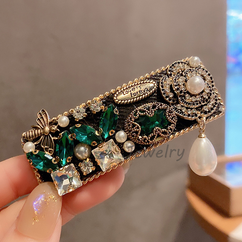 Kẹp bấm HOA TRÀ đính đá MÀU XANH giọt nước, kẹp tóc mái, kẹp tóc mái nữ thiết kế Hàn Quốc cao cấp B4136