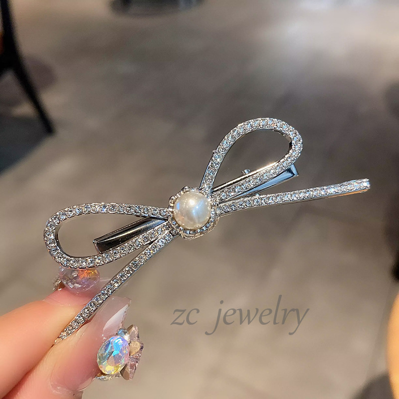 Kẹp mỏ vịt NƠ đá nhụy ngọc, kẹp tóc mái nữ xinh đẹp tiểu thư thiết kế Hàn Quốc độc đáo B4141