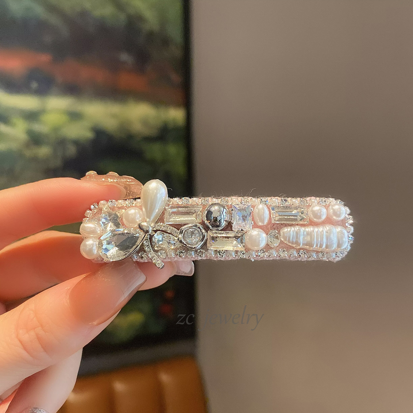 Kẹp bấm mái NƠ ĐÁ NGỌC tone HỒNG cao cấp, kẹp mái tóc nữ thiết kế Hàn Quốc sang trọng độc đáo B4118