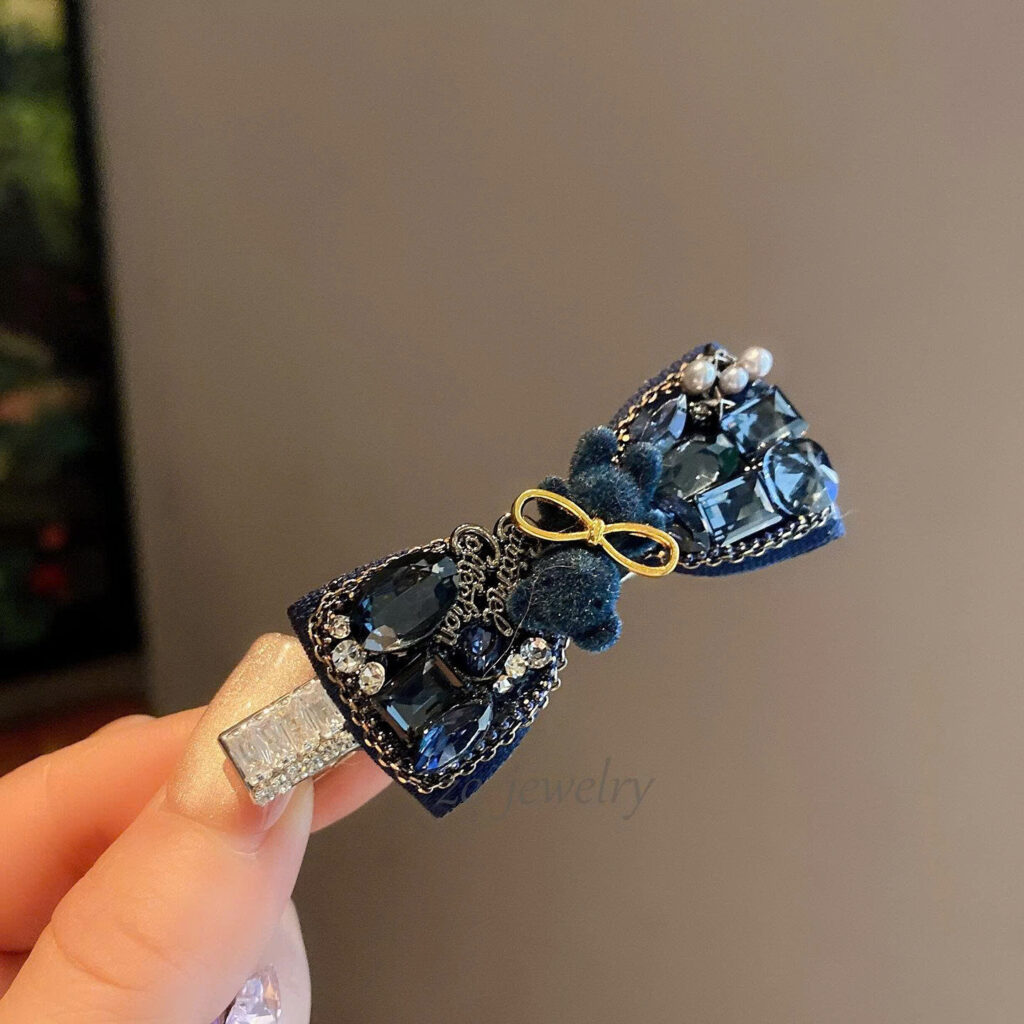 Kẹp mái tóc nữ dạng mỏ vịt NƠ ĐÁ tone XANH ĐEN độc đáo thiết kế Hàn Quốc cao cấp sang trọng, quà tặng ý nghĩa B4123